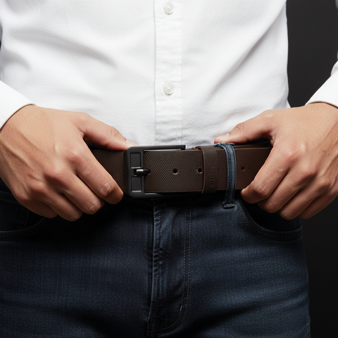 Cinto em Couro Macboot Café Fivela Metal Preto