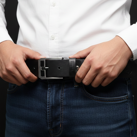 Cinto em Couro Macboot Preto Fivela Metal Prata